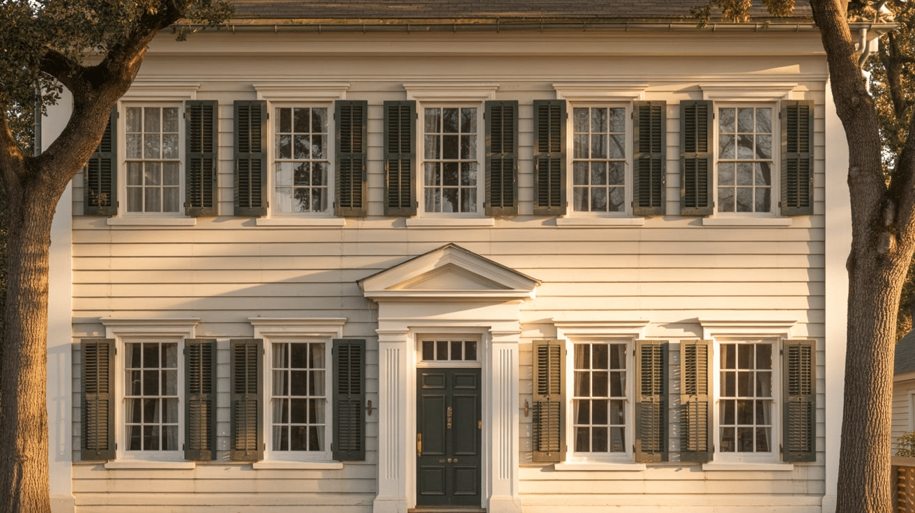 A colonial-style white house featuring green shutters and a green door, accented by decorative window trim