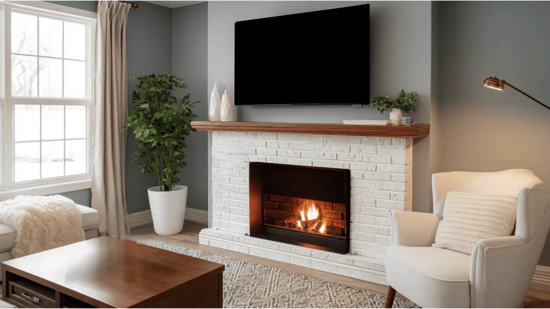 A compact living room showcasing a fireplace and a small television mounted above, perfect for limited spaces