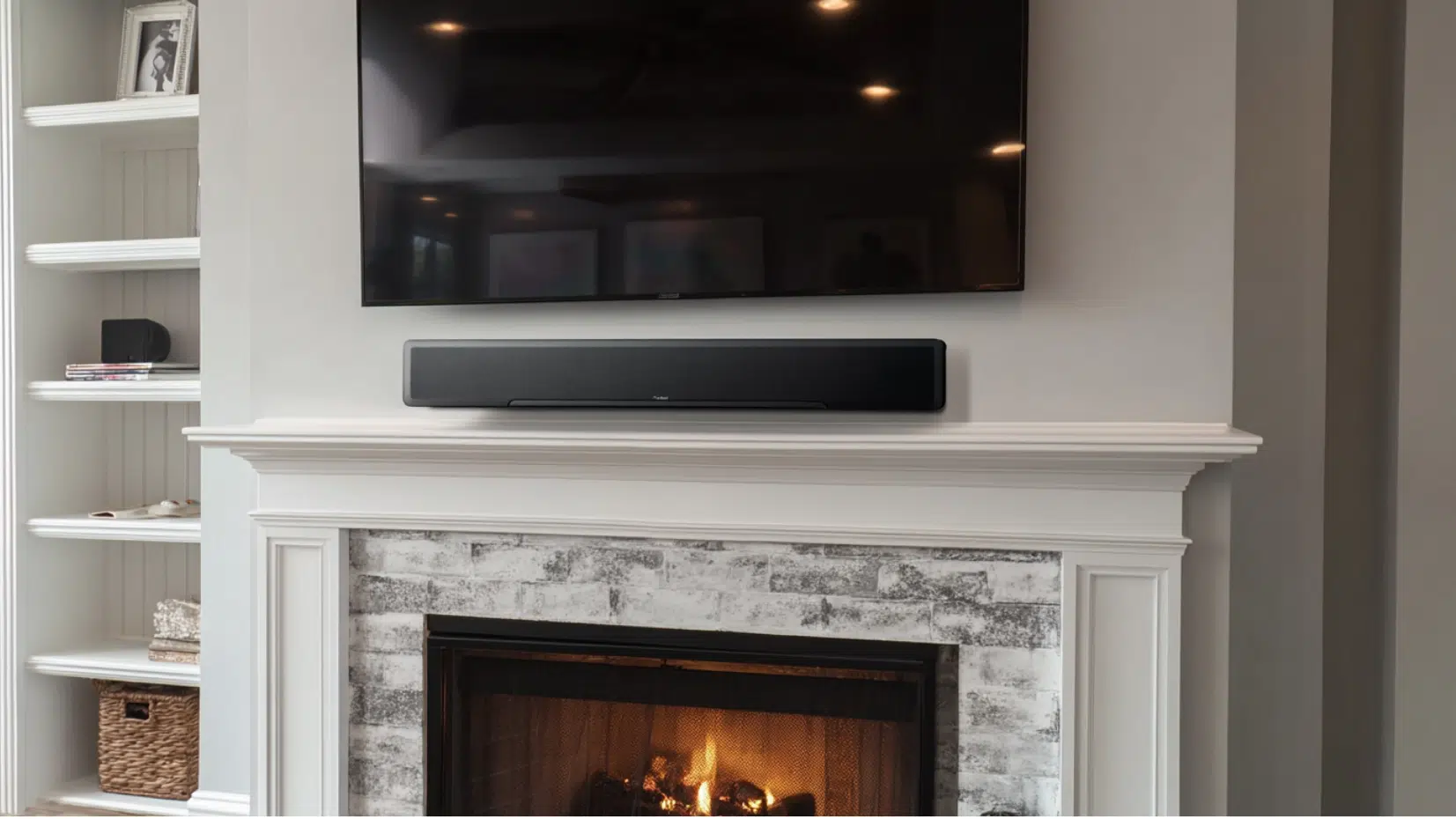 A fireplace scene showcasing a TV mounted above it, complemented by a soundbar below for improved sound quality