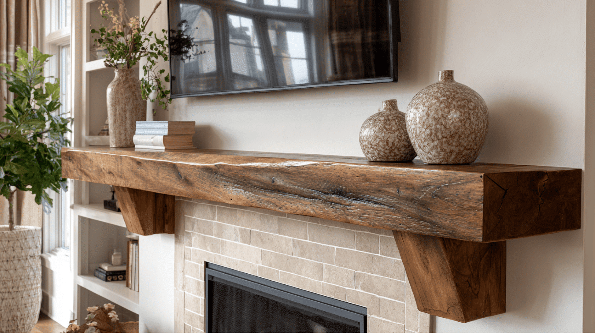 A fireplace with a deep mantel shelf above, featuring a TV mounted a few inches higher for heat protection and decoration space.