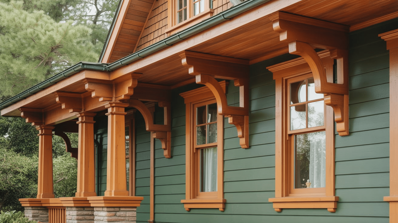 A green house adorned with wooden trim and windows, showcasing stepped brackets with coordinating trim