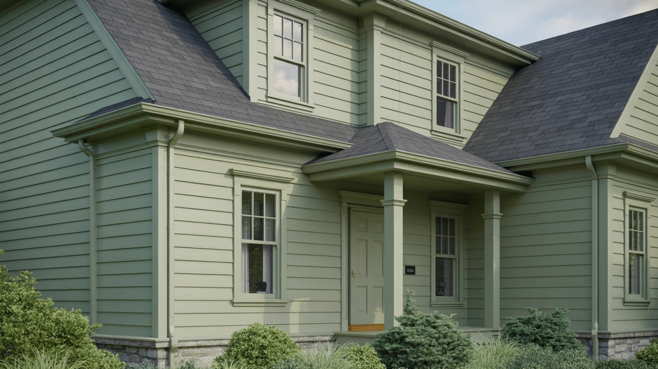 A green house with a black roof and green siding, showcasing tone-on-tone trim for a cohesive architectural loo