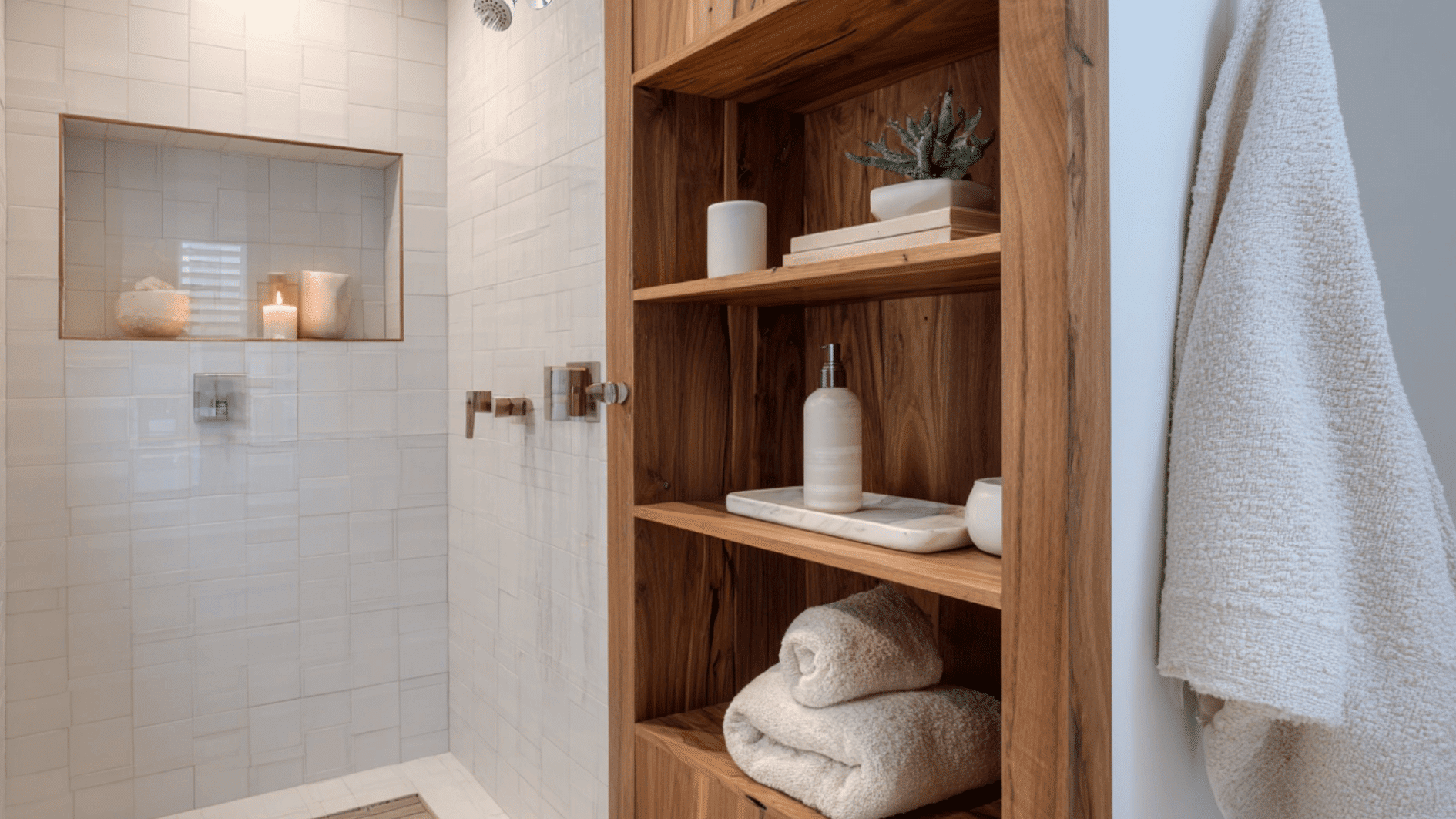 A half wall shower with a built in shelf adds storage for towels and toiletries, keeping the space tidy and clutter free