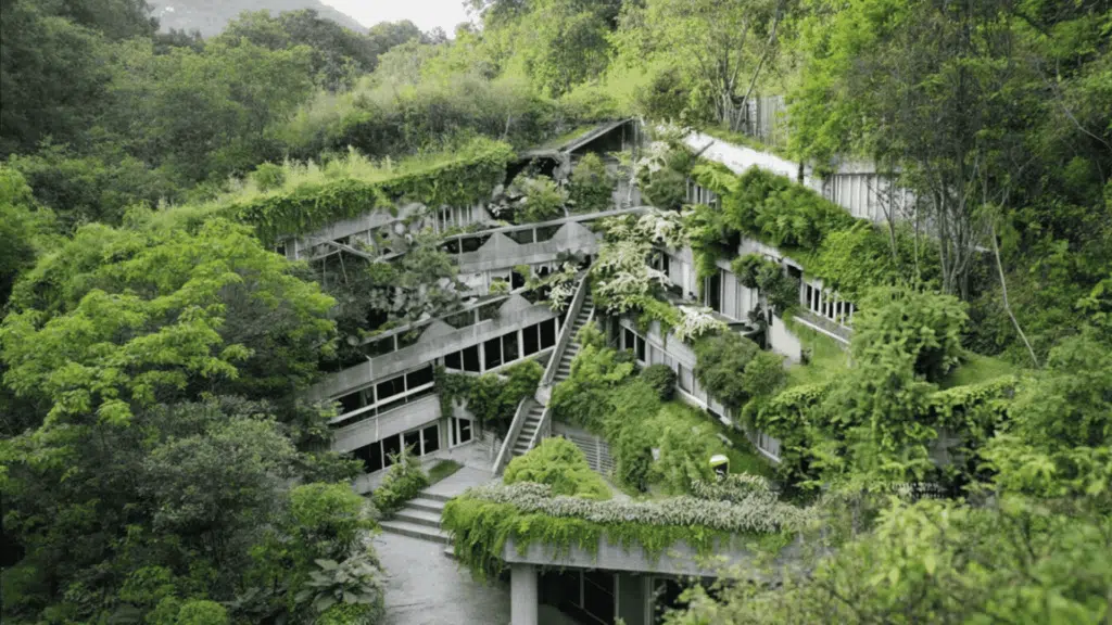 A house nestled in lush green vegetation, surrounded by dense forest trees, which gives it a dense look with plants and greenery.