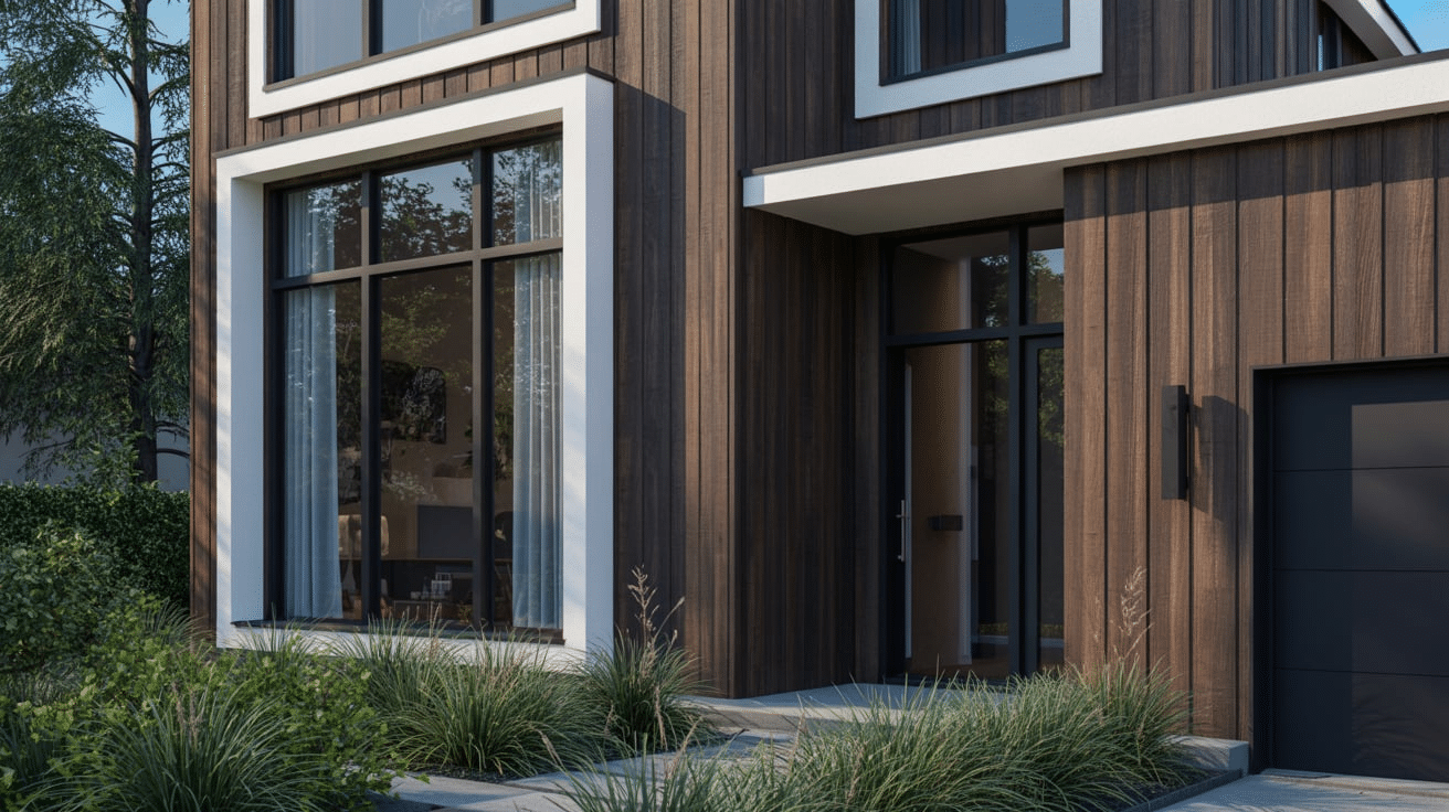 A modern home featuring a wooden exterior with wide trim against dark woodgrain and an attached garage