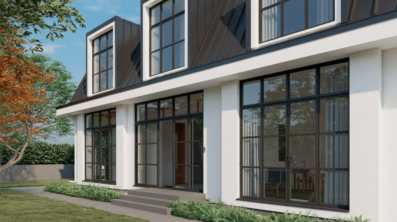 A modern home featuring large windows with black frames and white trim accents, showcasing a sleek architectural design