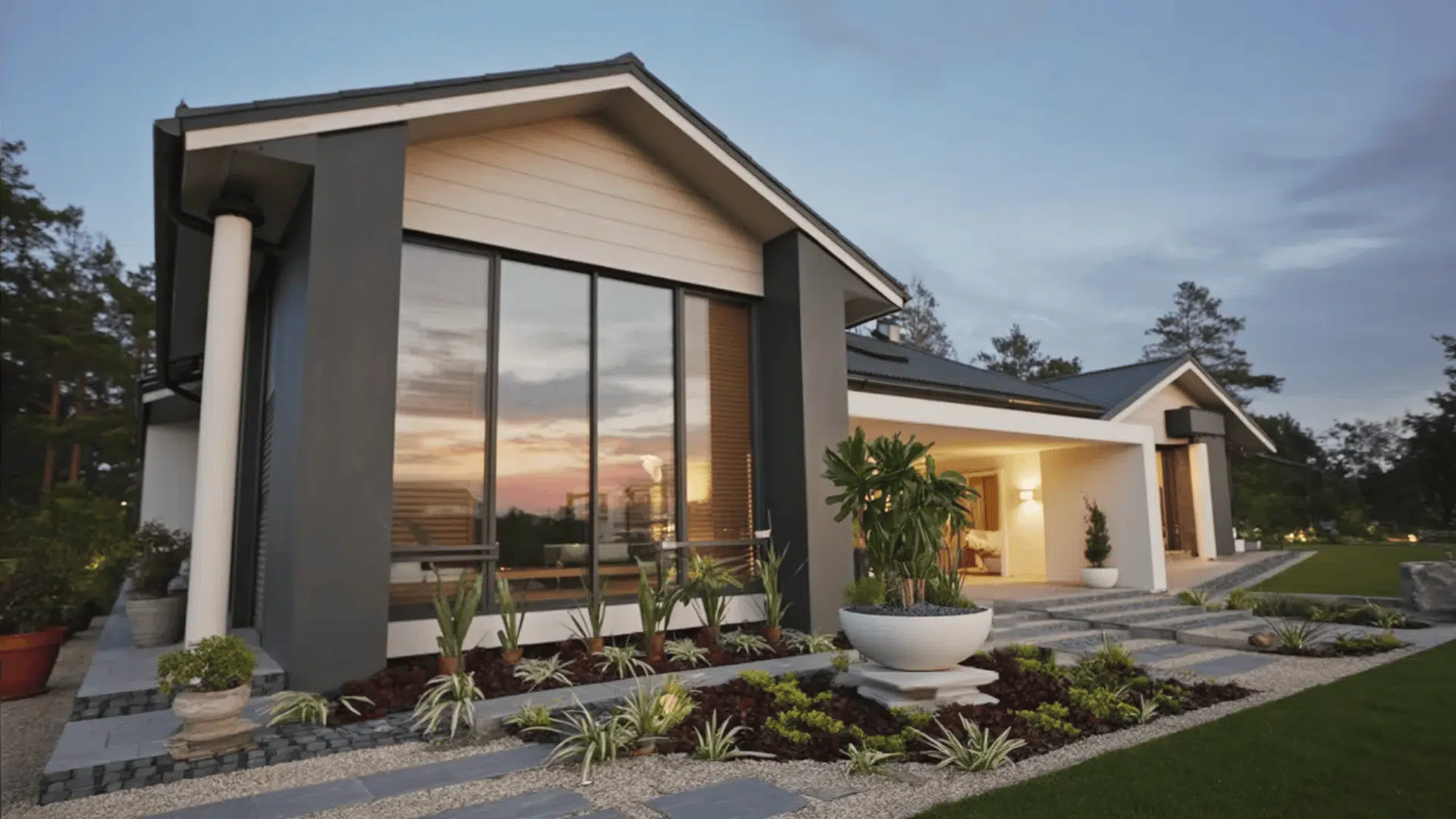 A modern house set in a large front yard, surrounded by well-maintained grass and landscaping