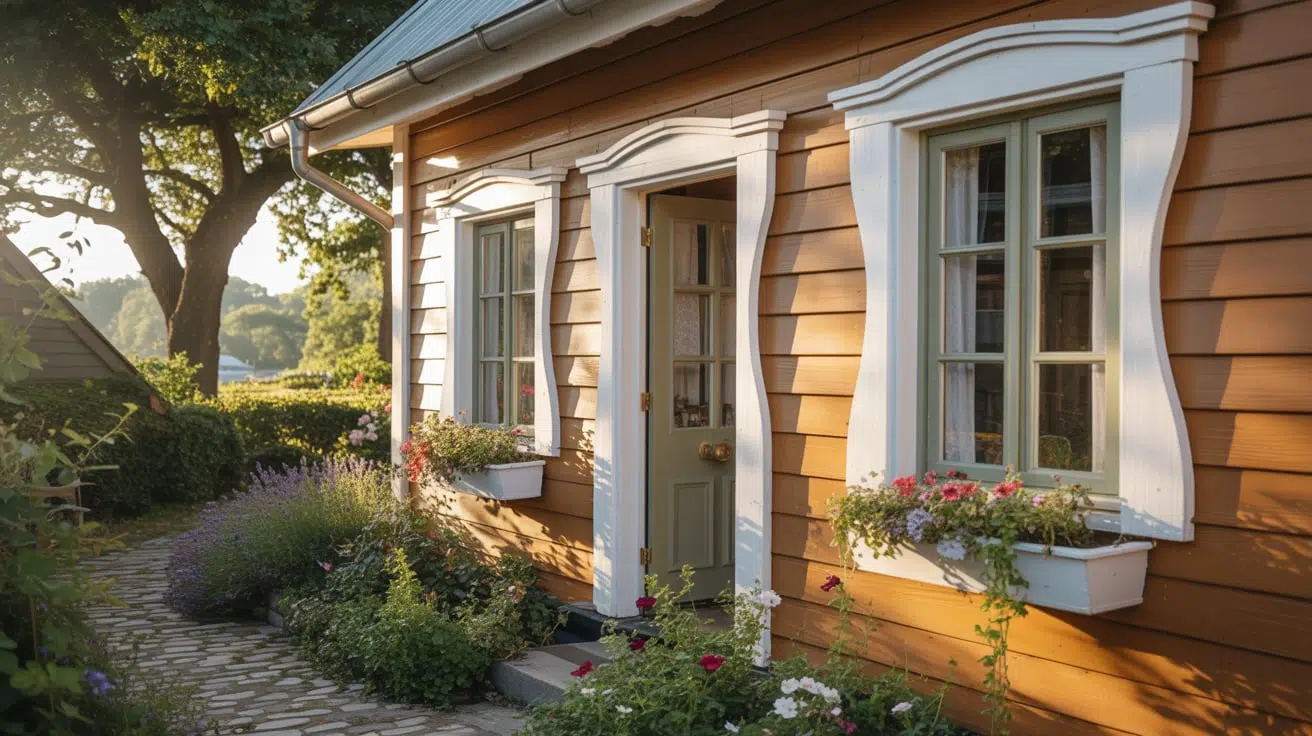 A quaint house with a white window and vibrant flowers, framed by charming cottage-style trim