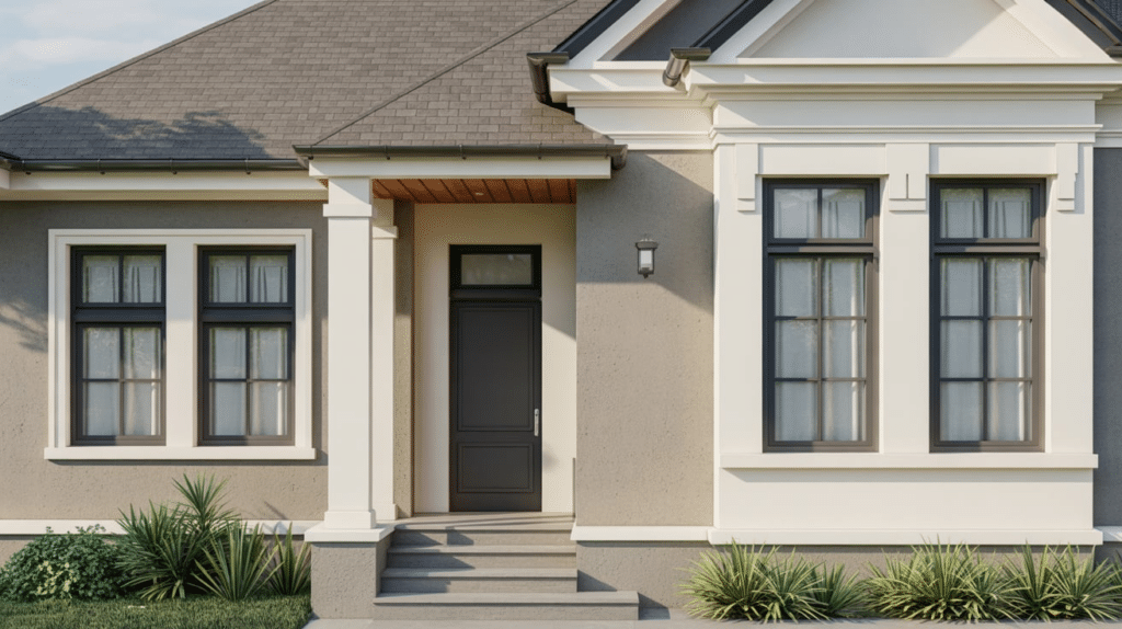 A rendering of a house featuring a front porch and detailed exterior window trim
