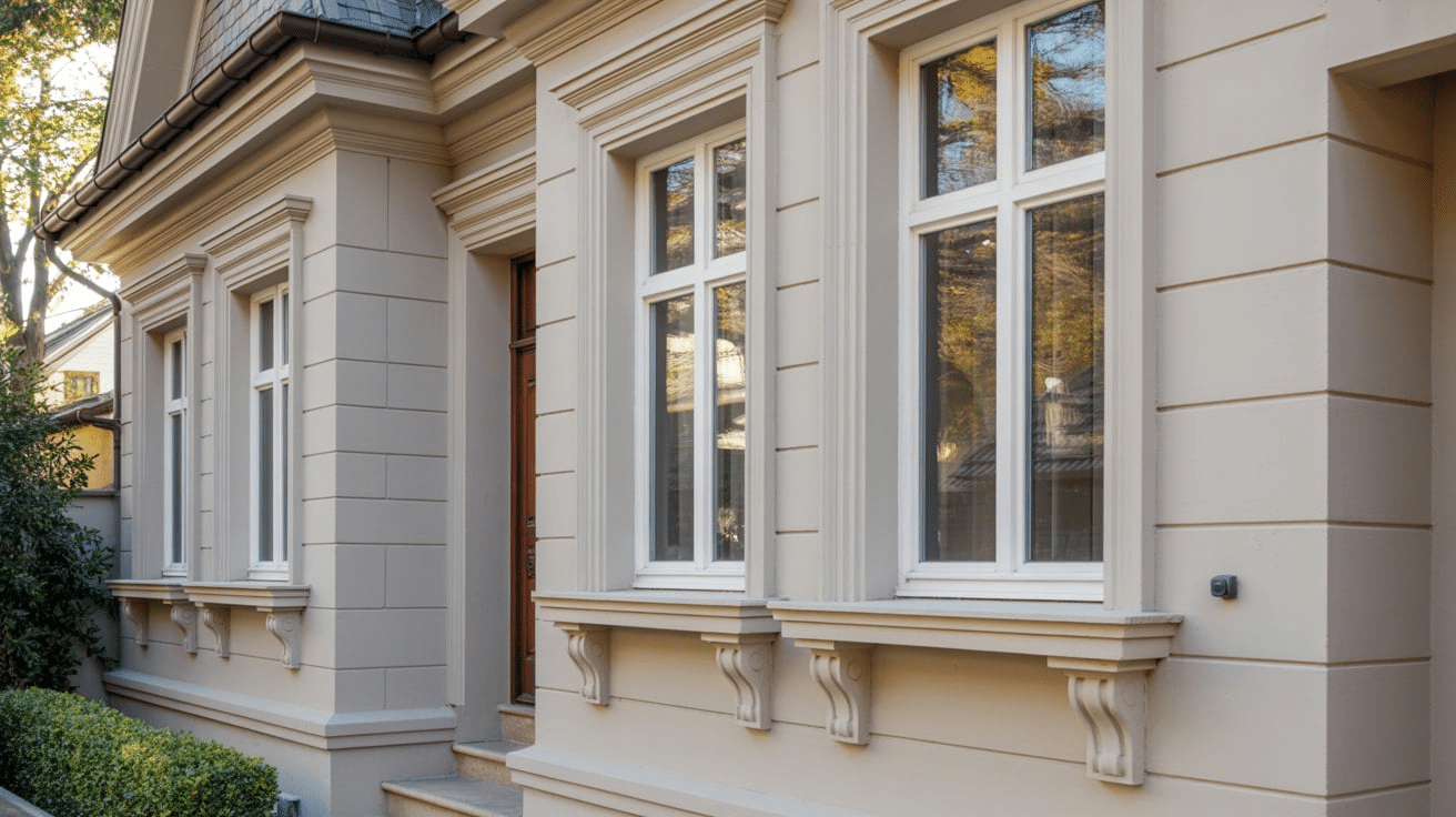 A residence showcasing white-trimmed windows and sophisticated brackets for a subtle architectural detail
