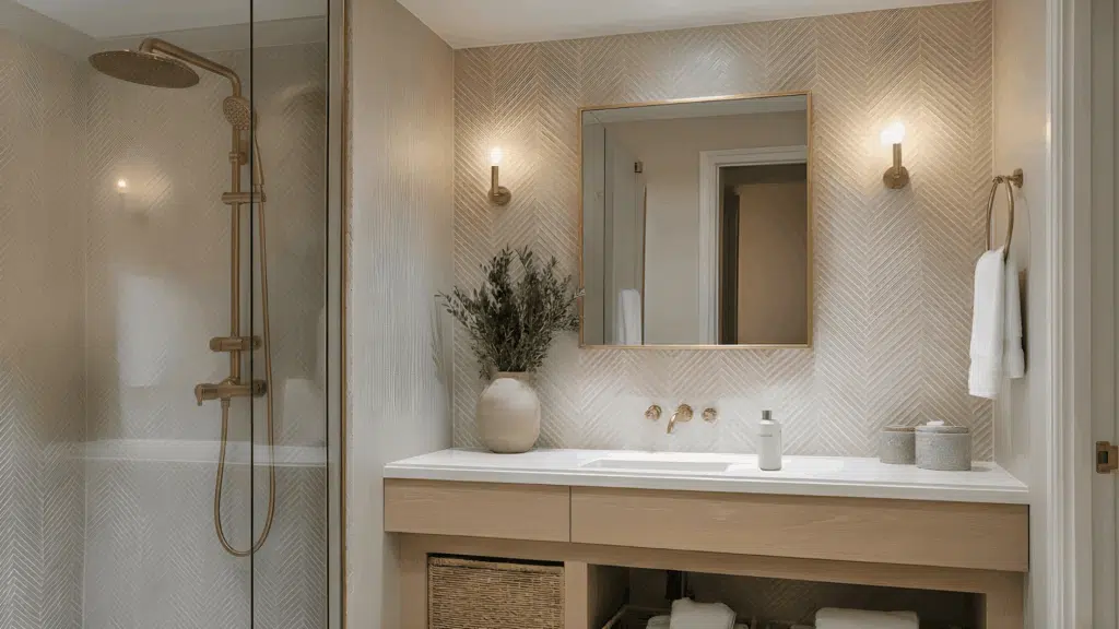 A small bathroom features a glass walk in shower, herringbone tile walls, and a sleek vanity with warm brass fixtures and lighting