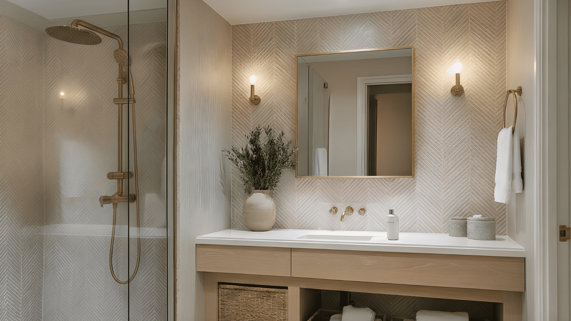 A small bathroom features a glass walk in shower, herringbone tile walls, and a sleek vanity with warm brass fixtures and lighting
