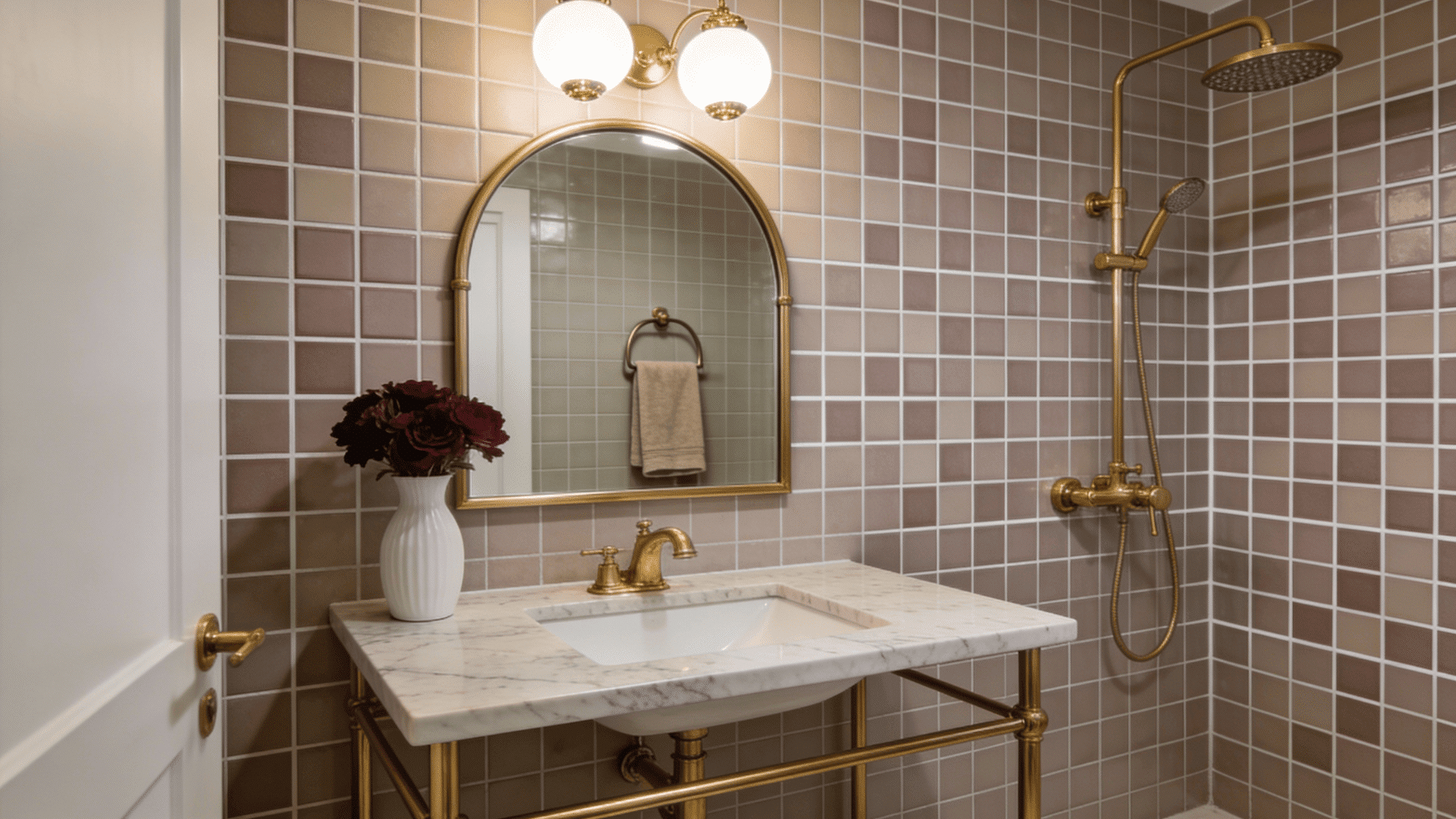 A walk in shower in soft neutral tones, with warm beige tiles, gold fixtures, and a matching vanity for a calm, airy feel
