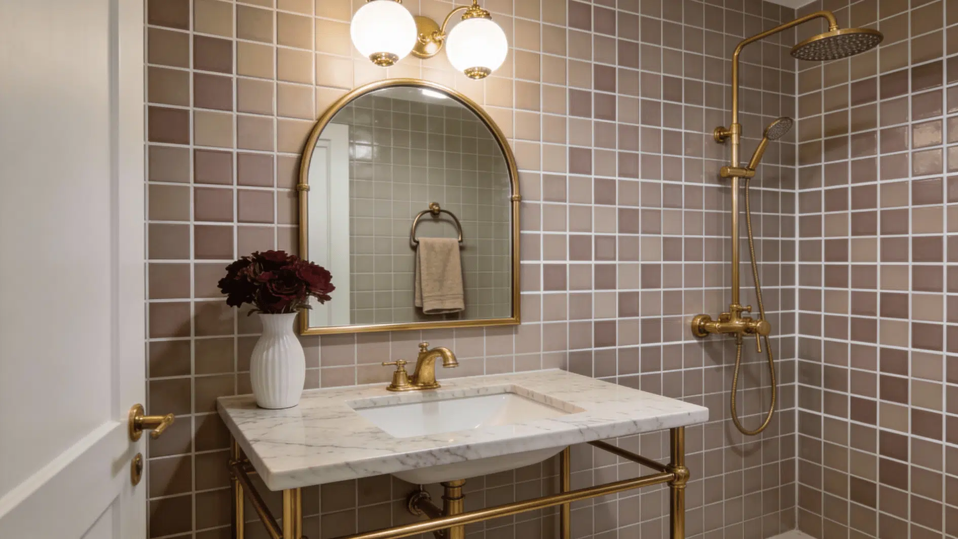 A walk in shower in soft neutral tones, with warm beige tiles, gold fixtures, and a matching vanity for a calm, airy feel