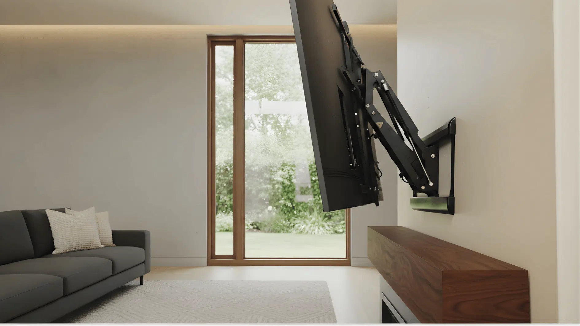 A wall-mounted TV in a formal living room, featuring a pull-down mechanism for high fireplace setups.