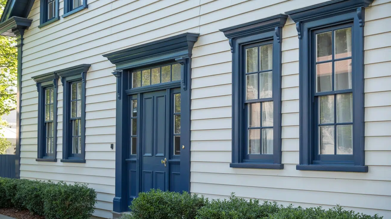 A white house features a blue front door and dark trim, offering a bold contrast that enhances its visual appeal