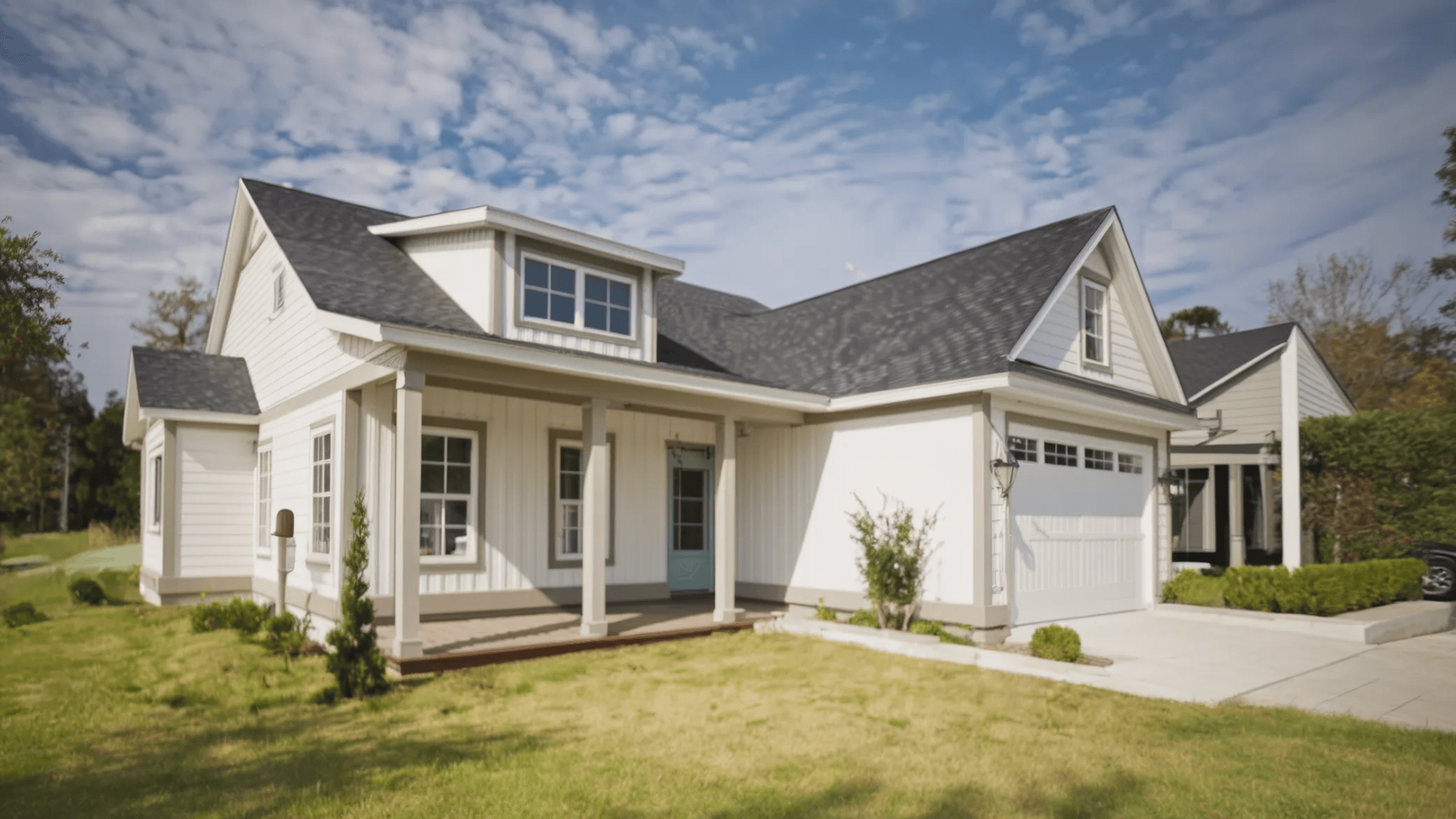 A white house featuring a garage and a welcoming front porch