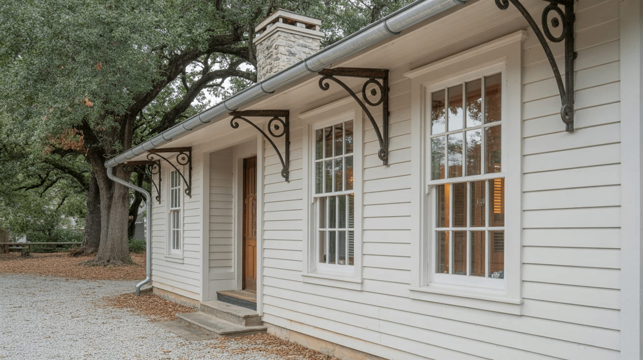 A white house with a porch, showcasing simple trim and dark brackets for added detail