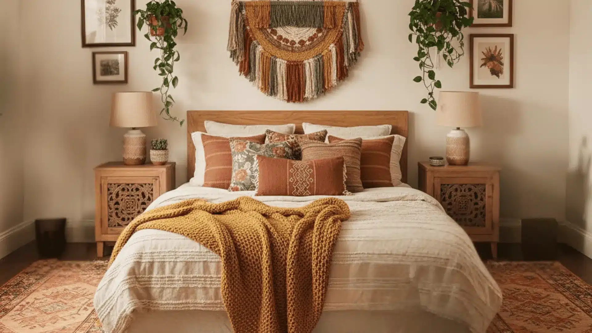 Bohemian bedroom design with layered rugs, plants, and mixed textured decor