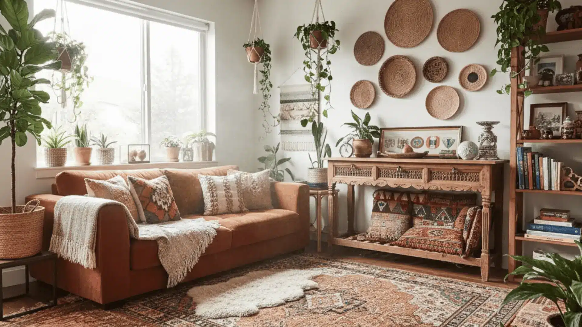 Bohemian living room with layered rugs, plants, and mixed textures
