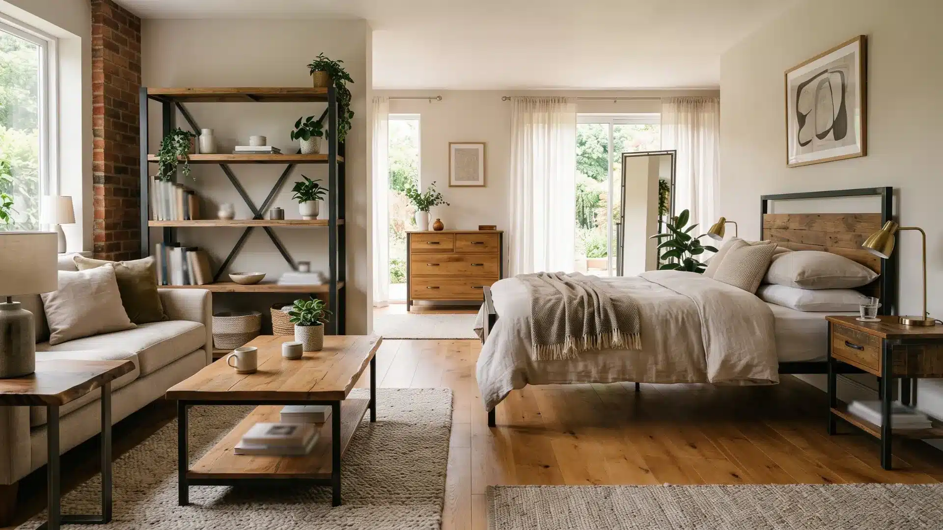 Bright, open-plan studio apartment featuring industrial-style wooden and metal furniture, a neutral color palette, and natural light filtering through sheer curtains