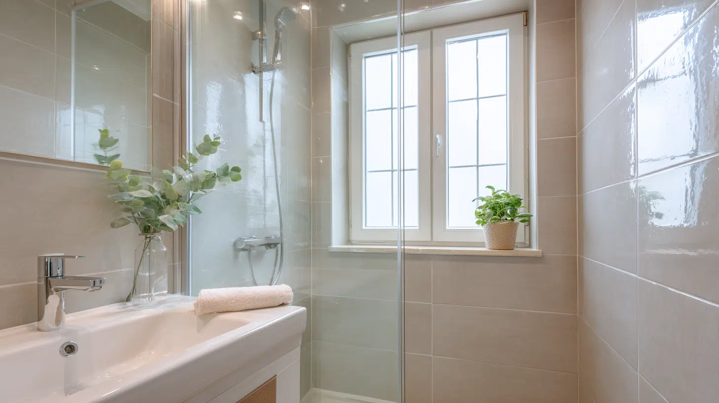 Bright walk in shower with clear glass and a large window inside, letting natural light fill the space and highlight beige wall tiles