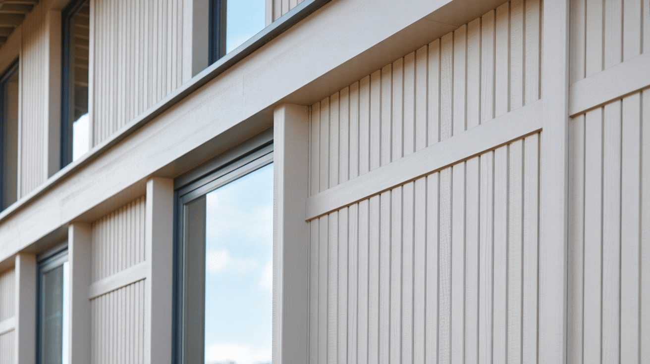 Close-up image of a building with wooden siding, highlighting the mirrored trim and exterior paneling features