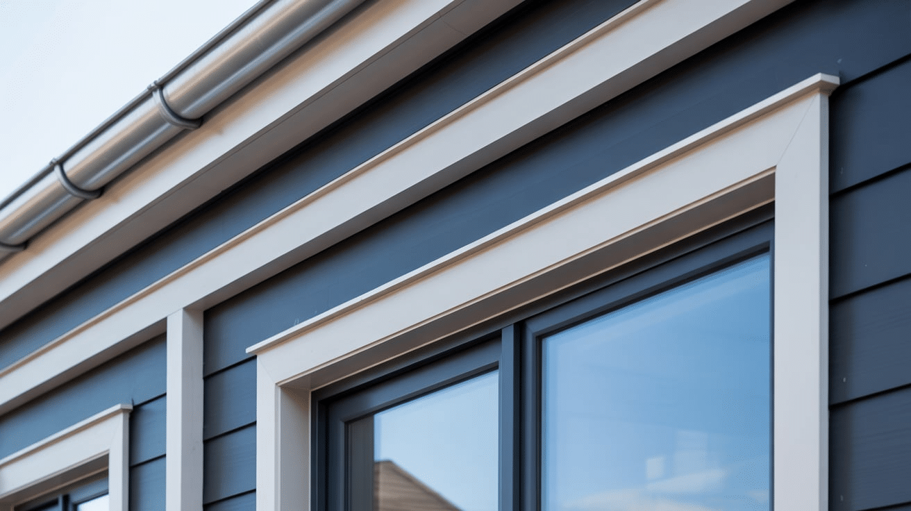 Close-up image of a window showcasing white trim with flat stock design, illustrating its sleek and clean appearance