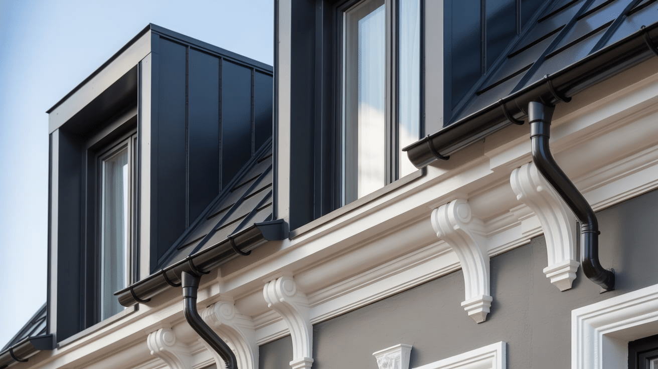 Close-up of house windows featuring stark angles and white bracket details, highlighting architectural design elements