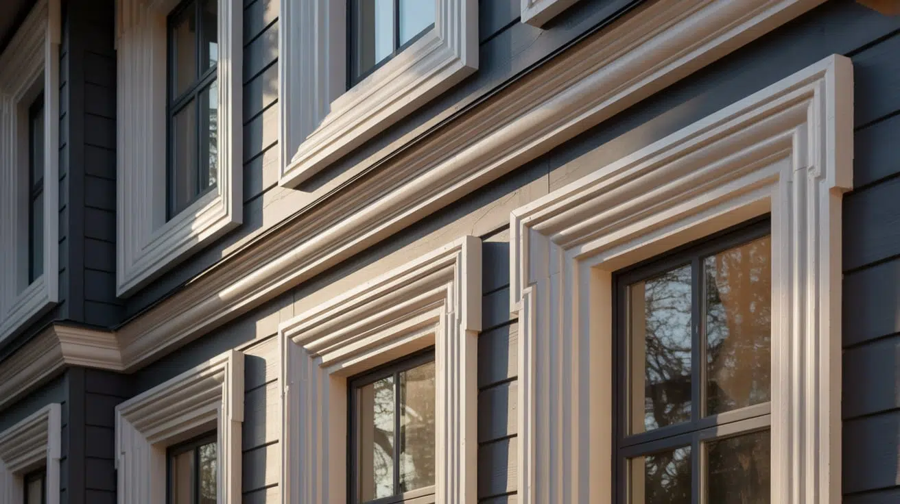 Close-up view of a building highlighting its multi-dimensional window trim and well-defined windows