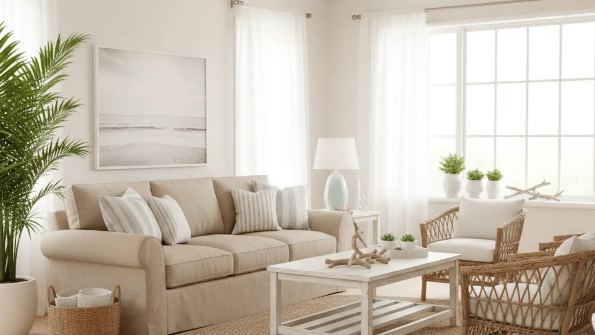 Coastal living room with soft blues, white tones, and natural textures