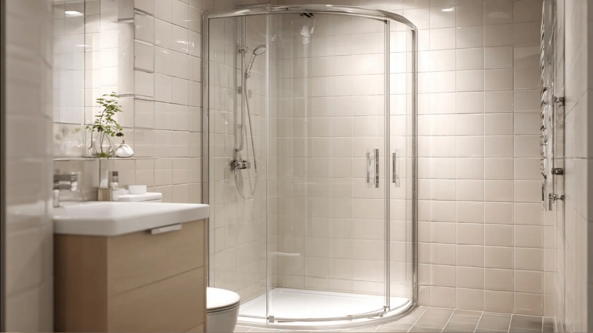 Compact bathroom with a curved glass shower screen, light beige wall tiles, and a clean corner layout that saves space