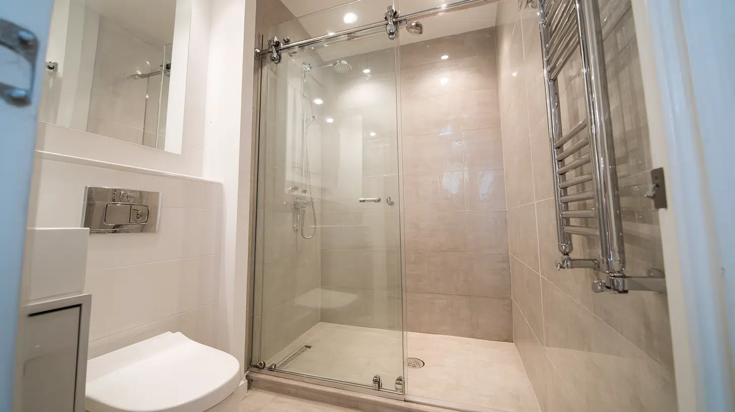 Compact bathroom with a walk in shower using sliding glass doors, beige wall tiles, a towel warmer, and a toilet beside the entry