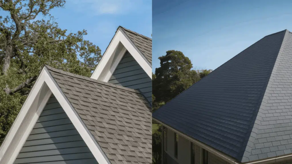 Comparison of two roofing shingles, featuring varied designs and finishes to illustrate options for home roofing