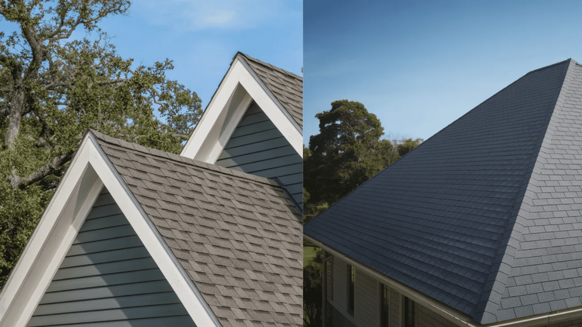 Comparison of two roofing shingles, featuring varied designs and finishes to illustrate options for home roofing