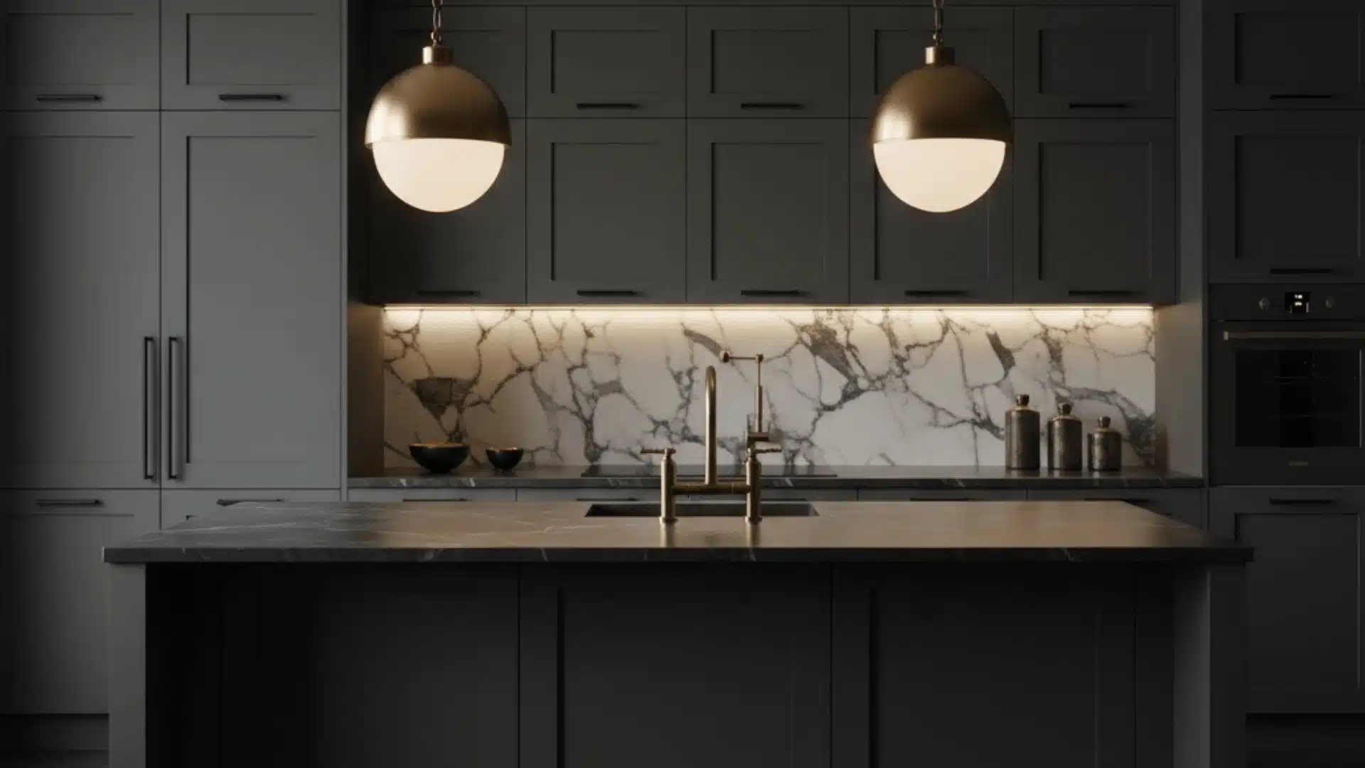 Dark mood kitchen with charcoal cabinets and warm lighting accents