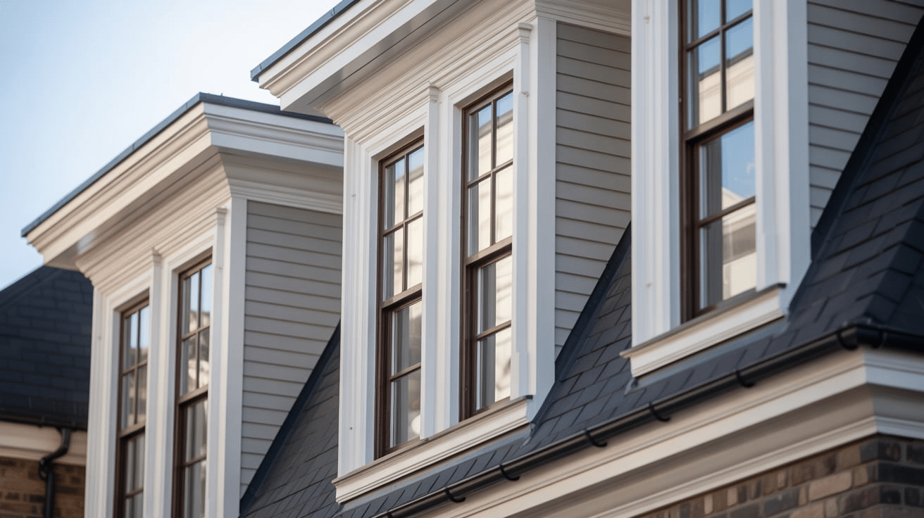 Detailed view of house windows with vertical trim lines, highlighting their height and design features