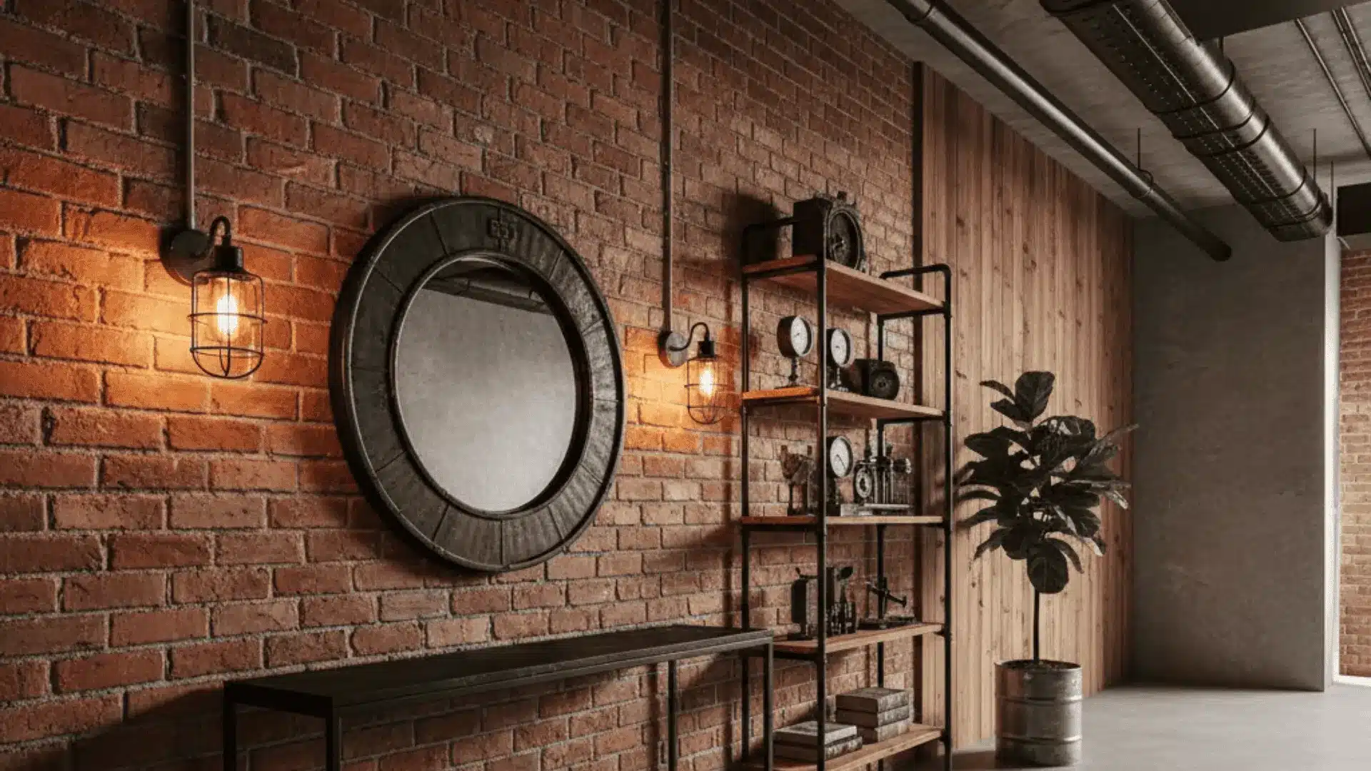 Industrial style hallway with exposed brick and metal accents