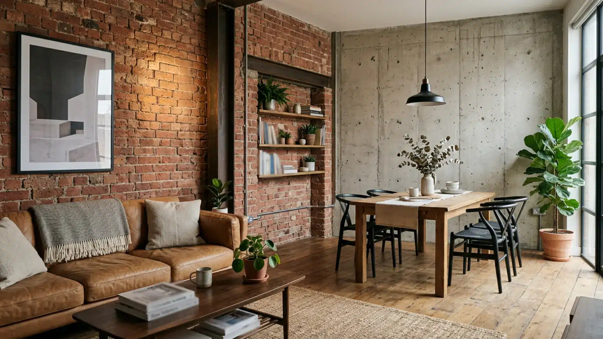 Loft living space featuring a leather sofa, dark wood coffee table, and a natural wood dining set against exposed brick and concrete walls