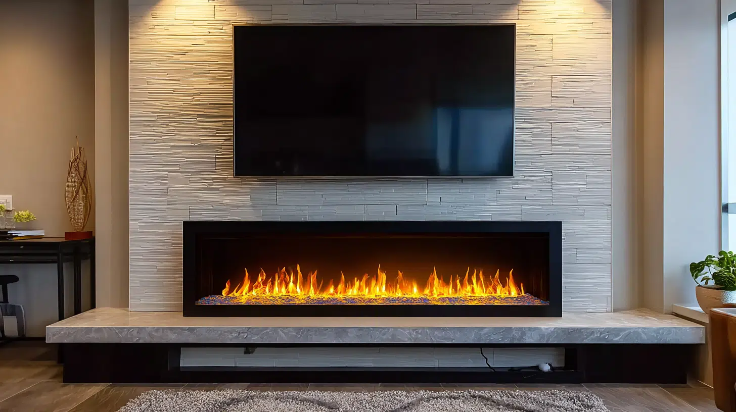 Modern electric fireplace with a flat screen TV mounted directly above it showing a stylish and functional living space