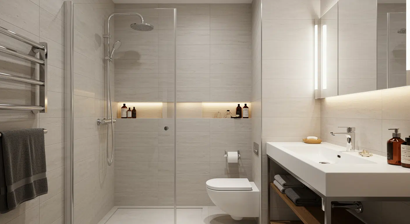 Modern walk in shower with floor to ceiling gray tile, a clear glass divider, and sleek fixtures for a clean, open look