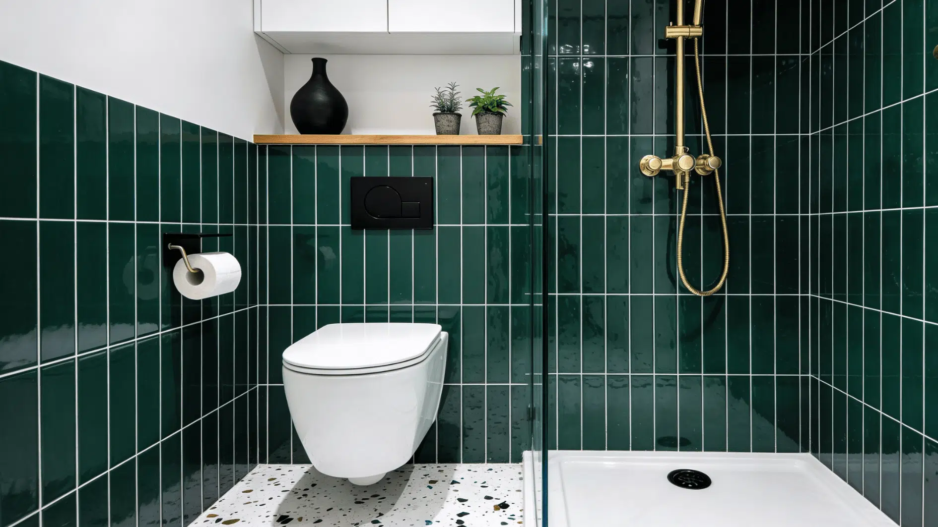 Modern walk in shower with tall vertical green tiles, a wall hung toilet, gold fixtures, and a clean white shelf for storage