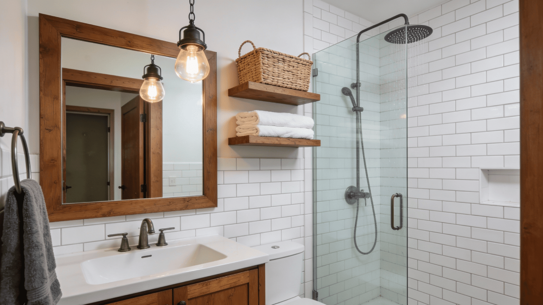 Narrow one wall shower with white subway tile, a clear glass door, and black fixtures, paired with a small vanity and open shelves