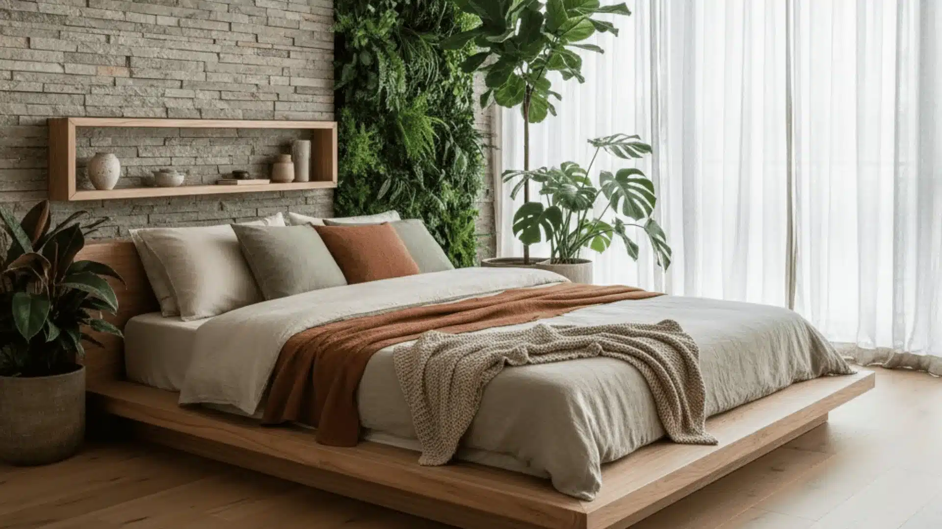 Neo naturalism bedroom with indoor plants and natural wood elements