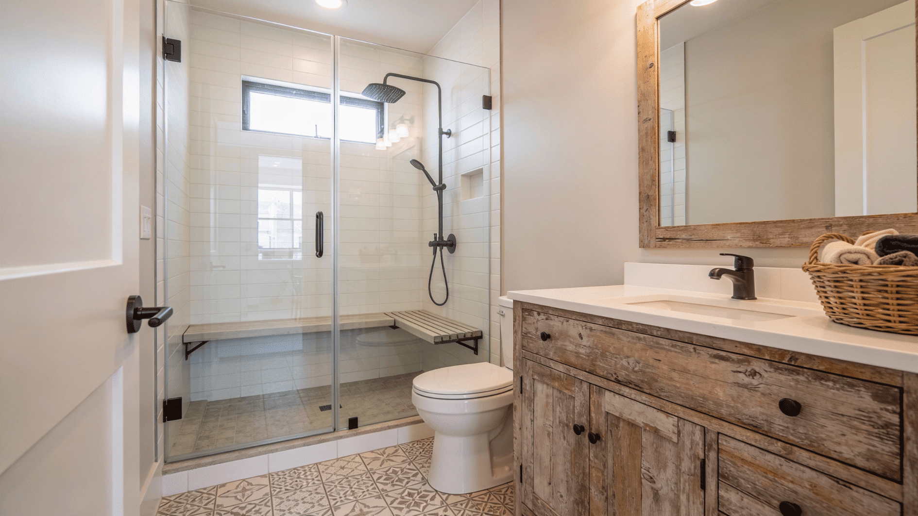 Small bathroom with a glass walk in shower featuring a floating bench, black fixtures, subway tile walls, and rustic vanity