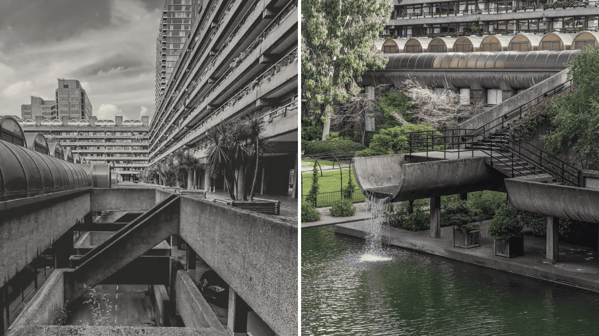 Two pictures featuring a building alongside a serene river landscape which gives the clear distinction of another periods of time