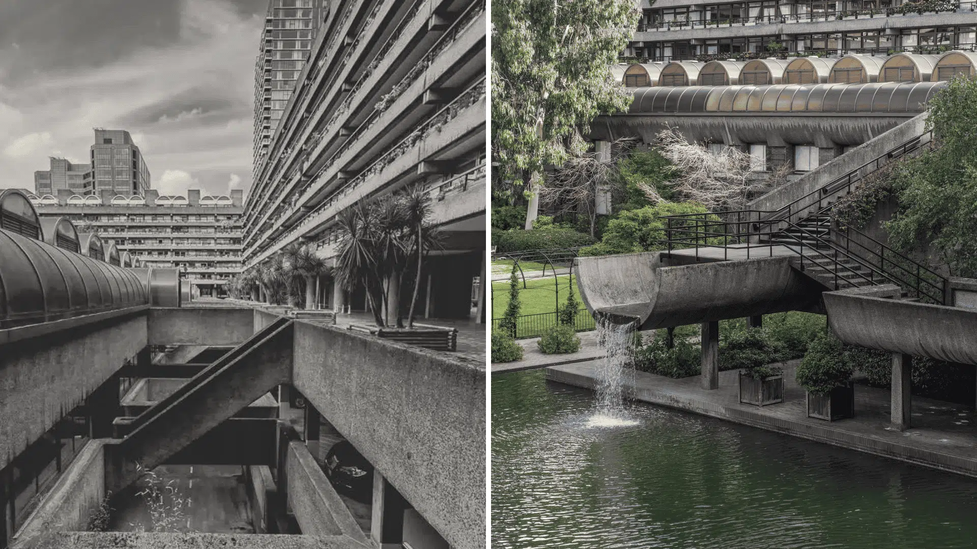 Two pictures featuring a building alongside a serene river landscape which gives the clear distinction of another periods of time