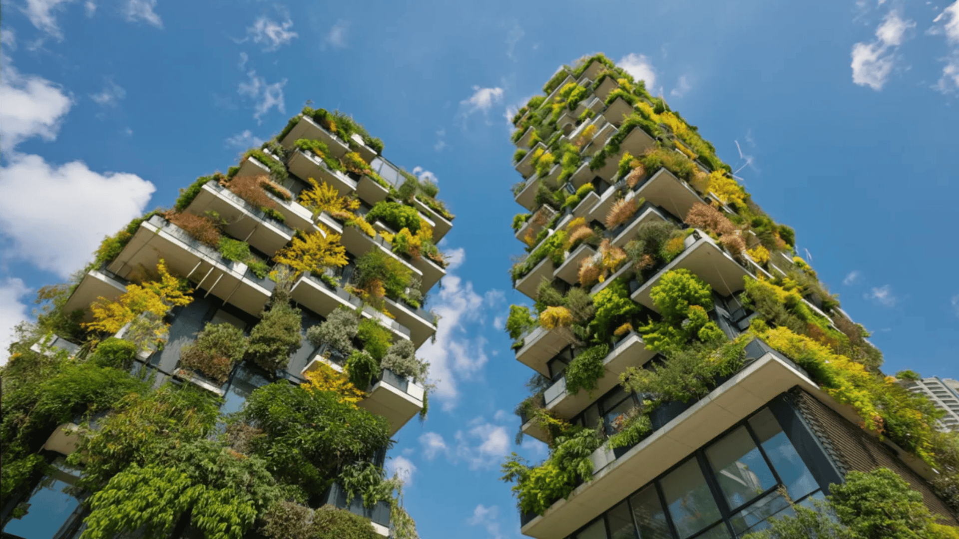 Two tall buildings adorned with greenery featuring plants growing on their exteriors with full buildings covering plants atmosphere.