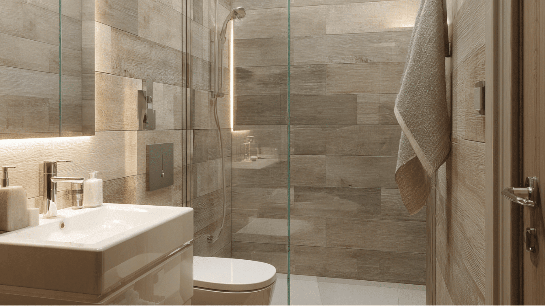 Walk in shower with light wood look tile, a clear glass divider, and warm lighting that makes the small bathroom feel open