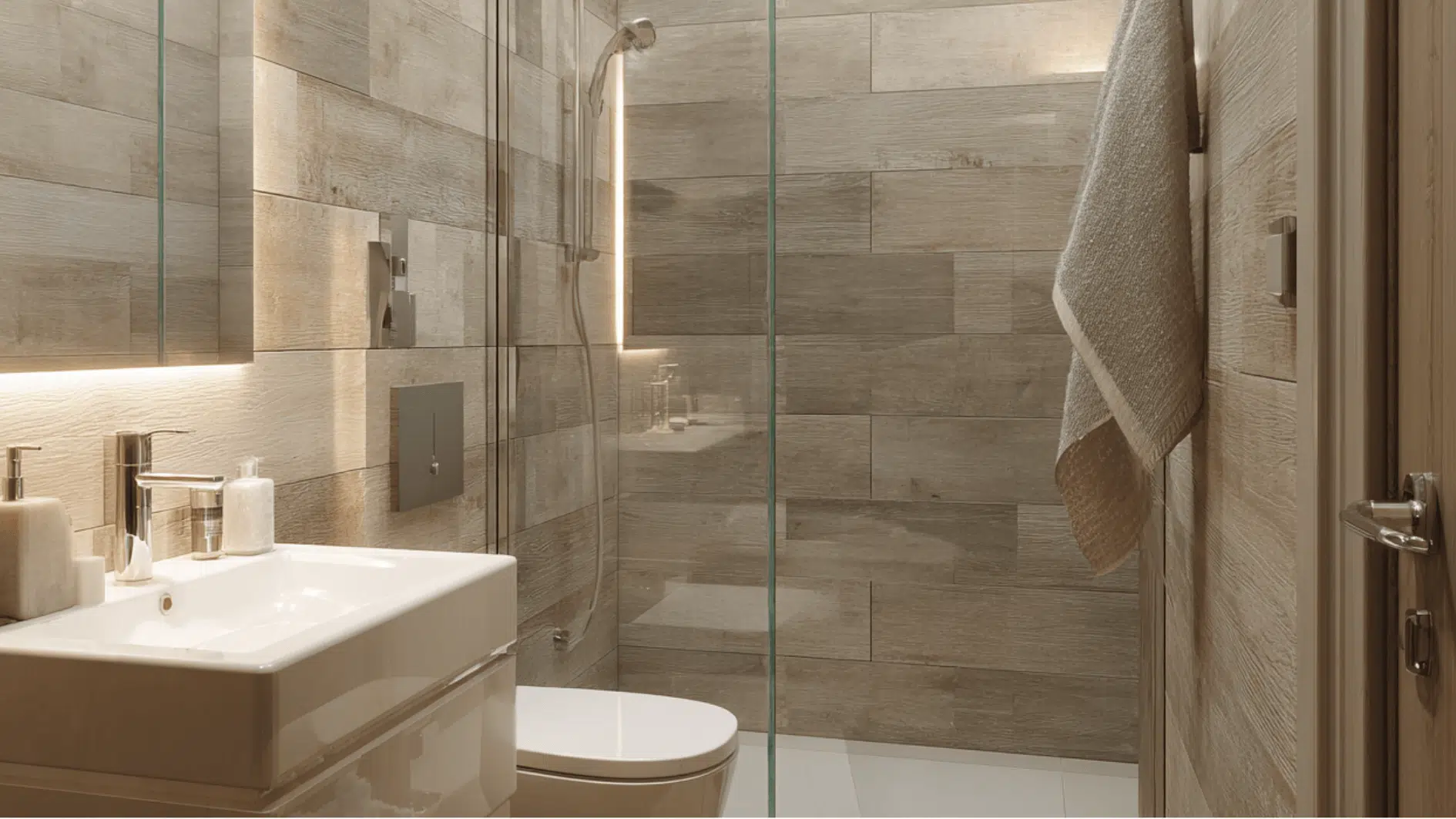 Walk in shower with light wood look tile, a clear glass divider, and warm lighting that makes the small bathroom feel open